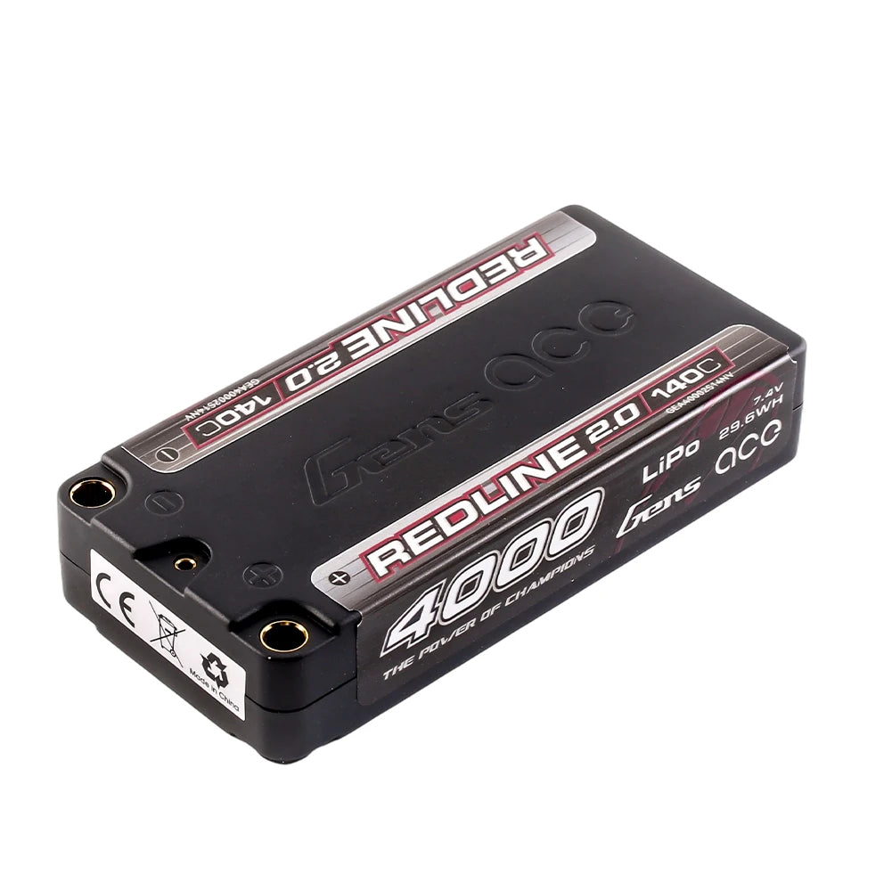 Gens ace 4000mAh 2S 140C 7.4V Shorty Lipo Battery | 5.0mm bullet | Redline 2.0