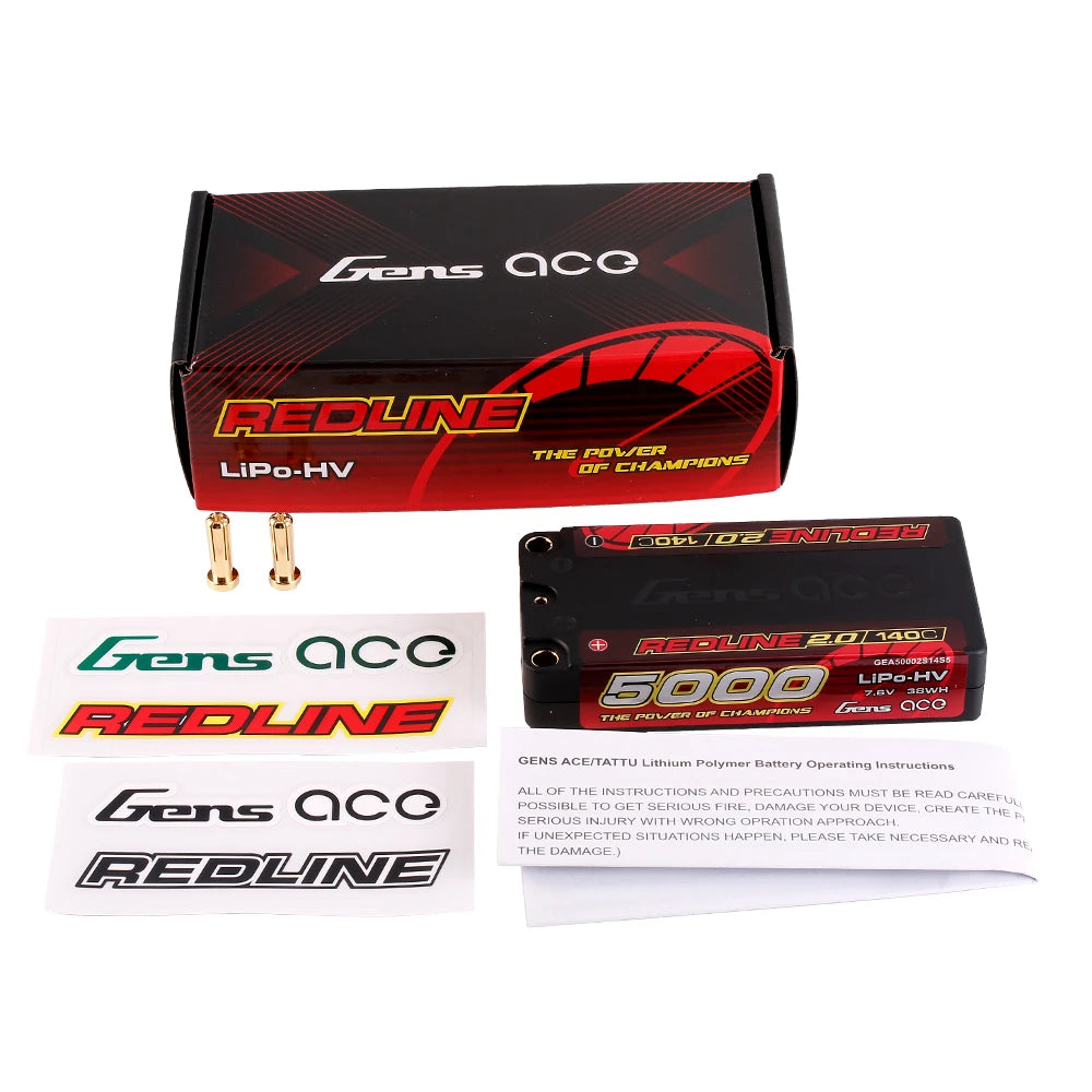 Gens ace 5000mAh 2S 140C 7.6V(HV) Shorty Lipo Battery | 5.0mm bullet | Redline 2.0