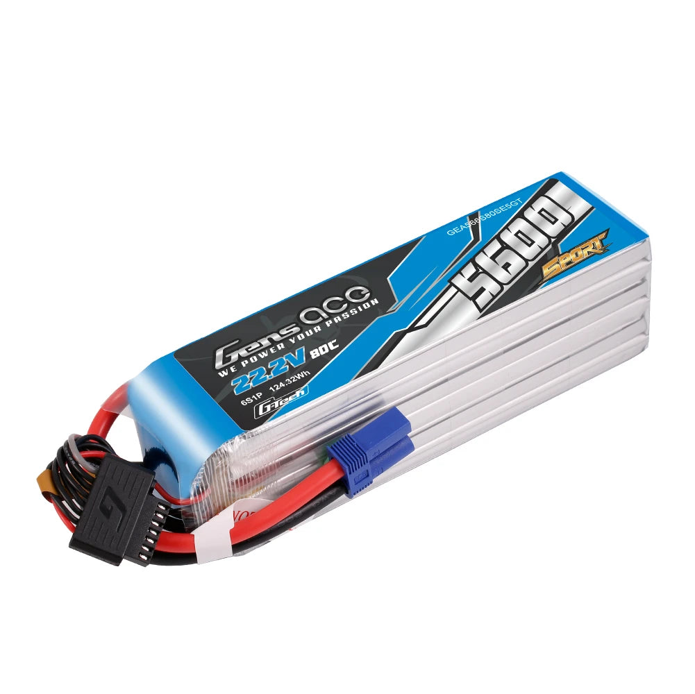 Gens ace 5600mAh 6S 80C 22.2V Lipo Battery | EC5 Plug | Sport