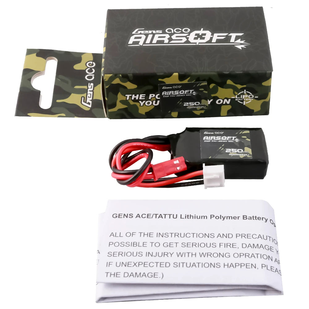 Gens ace 250mAh 2S 35C 7.4V Lipo Battery | JST Plug | Airsoft