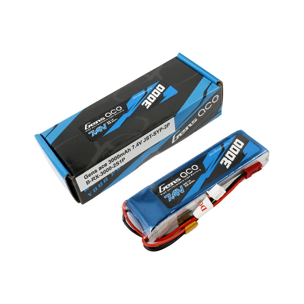 Gens ace 3000mAh 2S 7.4V Lipo Battery | JST Plug | TX&RX