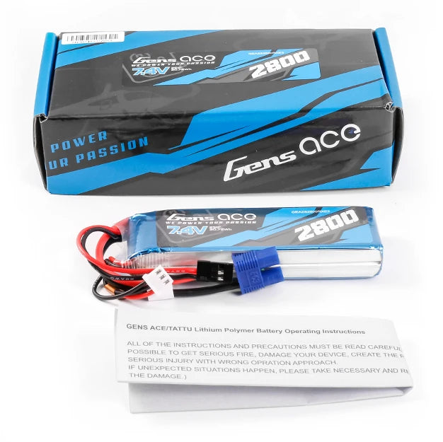 Gens ace 2800mAh 2S 7.4V Lipo Battery | EC3+JR Plug | TX&RX