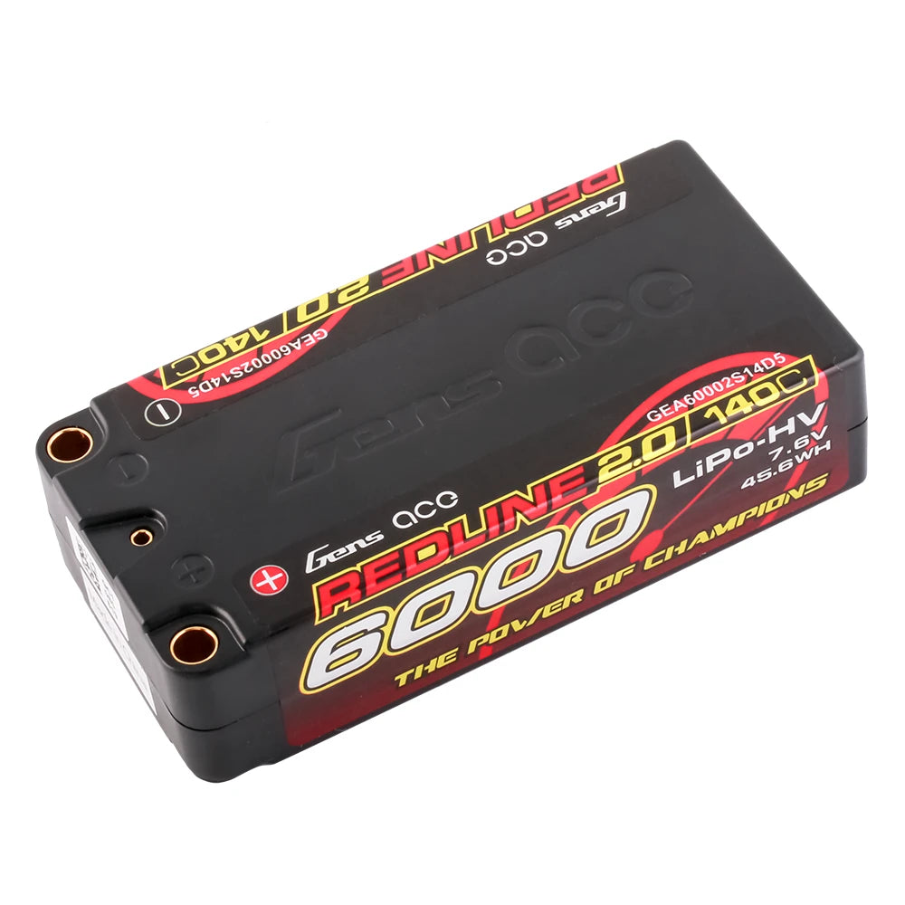Gens ace 6000mAh 2S 140C 7.6V(HV) Shorty Lipo Battery | 5.0mm bullet | Redline 2.0
