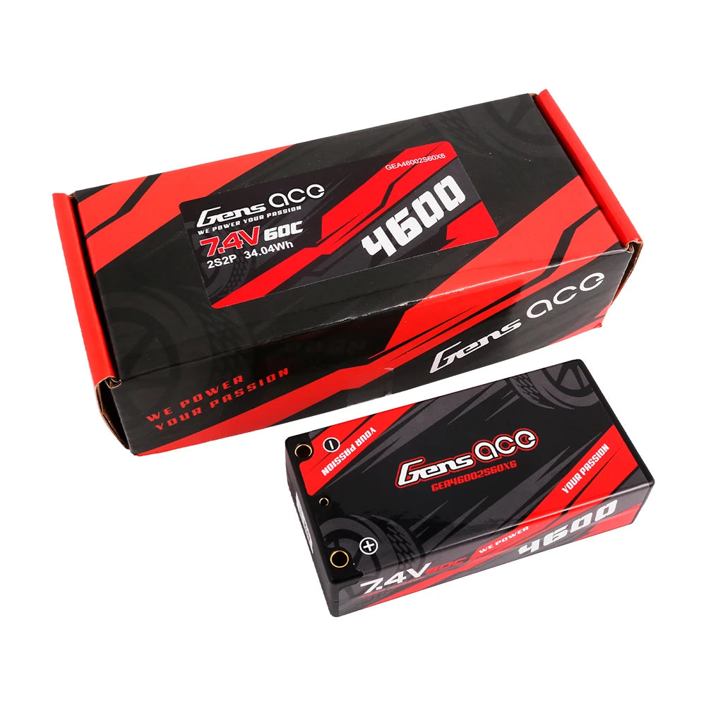Gens ace 4600mAh 2S 60C 7.4V Shorty Lipo Battery | Hardcase | 4.0mm bullet to XT60 Plug | Car Classic