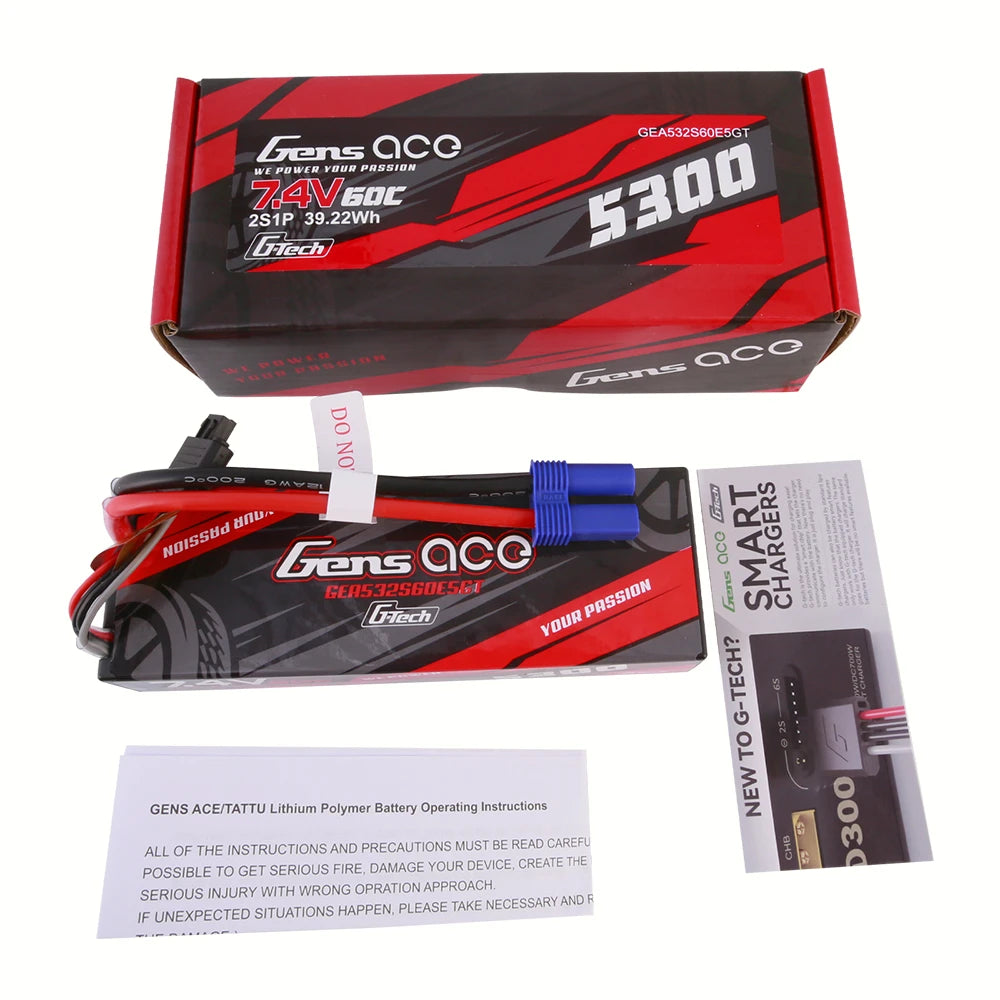 Gens ace 5300mAh 2S 60C 7.4V Lipo Battery | Hardcase | EC5 Plug | Car Classic