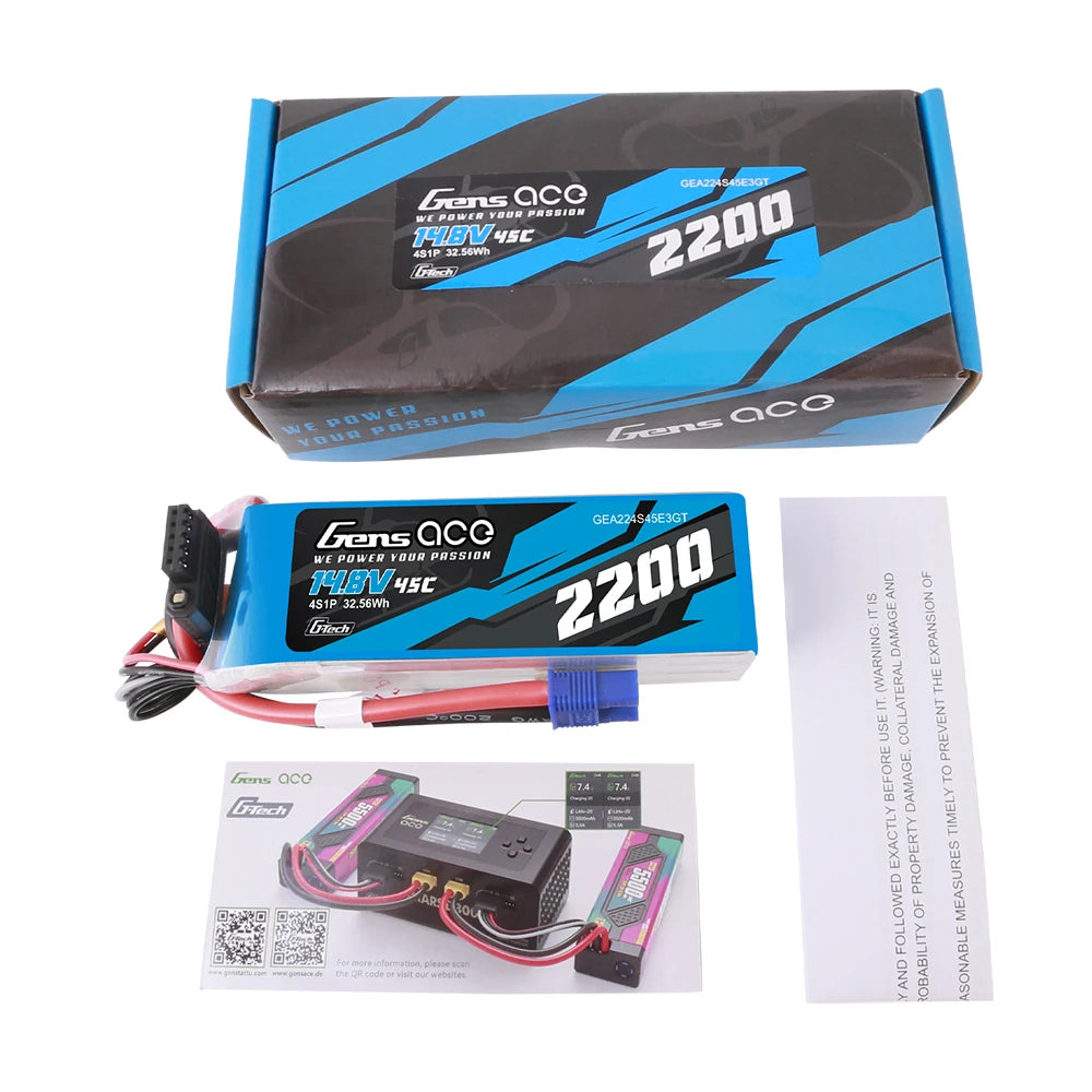 Gens ace 2200mAh 4S 45C 14.8V Lipo Battery | EC3 Plug | Air Classic