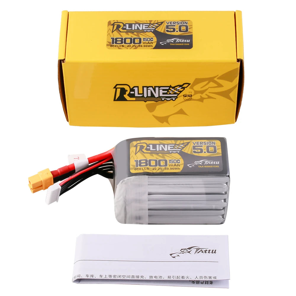 Tattu 1800mAh 6S 150C 22.2V Lipo Battery | XT60 Plug | R-Line 5.0