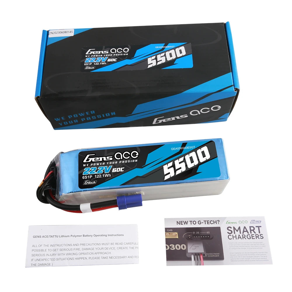 Gens ace 5500mAh 6S 60C 22.2V Lipo Battery | EC5 Plug | Air Classic