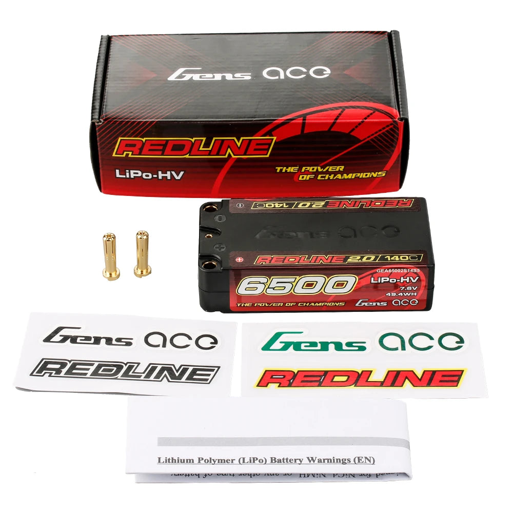 Gens ace 6500mAh 2S 140C 7.6V(HV) Shorty Lipo Battery | 5.0mm bullet | Redline 2.0