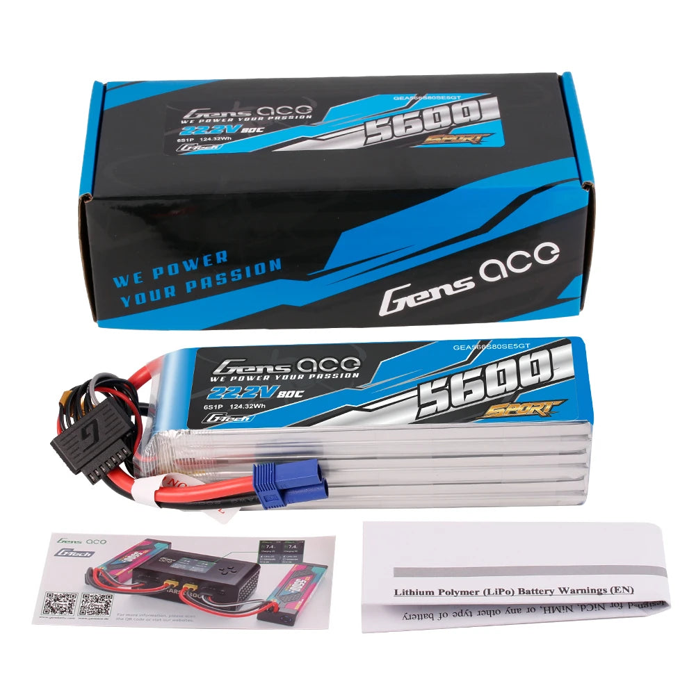 Gens ace 5600mAh 6S 80C 22.2V Lipo Battery | EC5 Plug | Sport