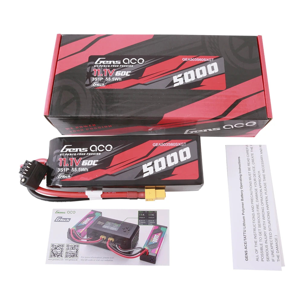 Gens ace 5000mAh 3S 60C 11.1V Short-Size Lipo Battery | XT60 Plug | Car Classic