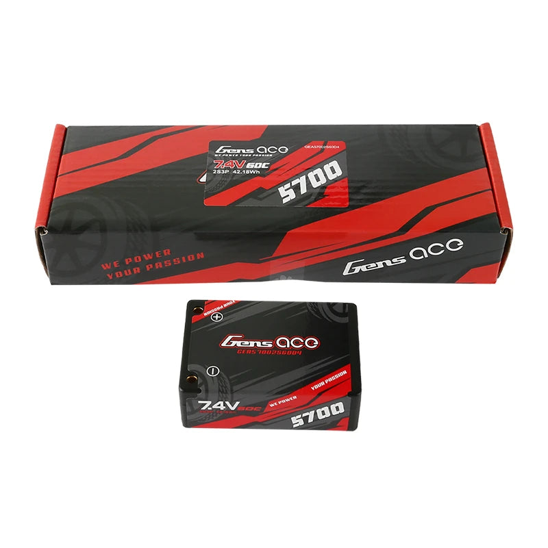 Gens ace 5700mAh 2S 60C 7.4V Saddle Lipo Battery | Hardcase | 4.0mm bullet to Deans Plug | Car Classic
