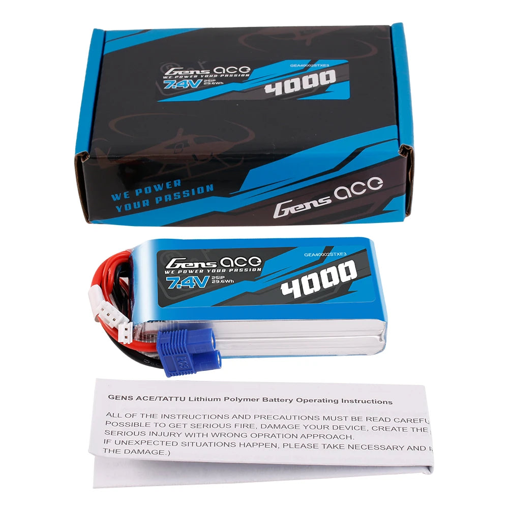 Gens ace 4000mAh 2S 7.4V Lipo Battery | EC3 Plug | TX&RX