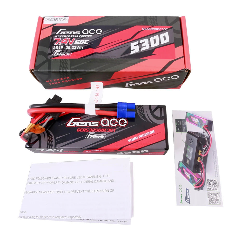 Gens ace 5300mAh 2S 60C 7.4V Lipo Battery | Hardcase | EC3 Plug | Car Classic