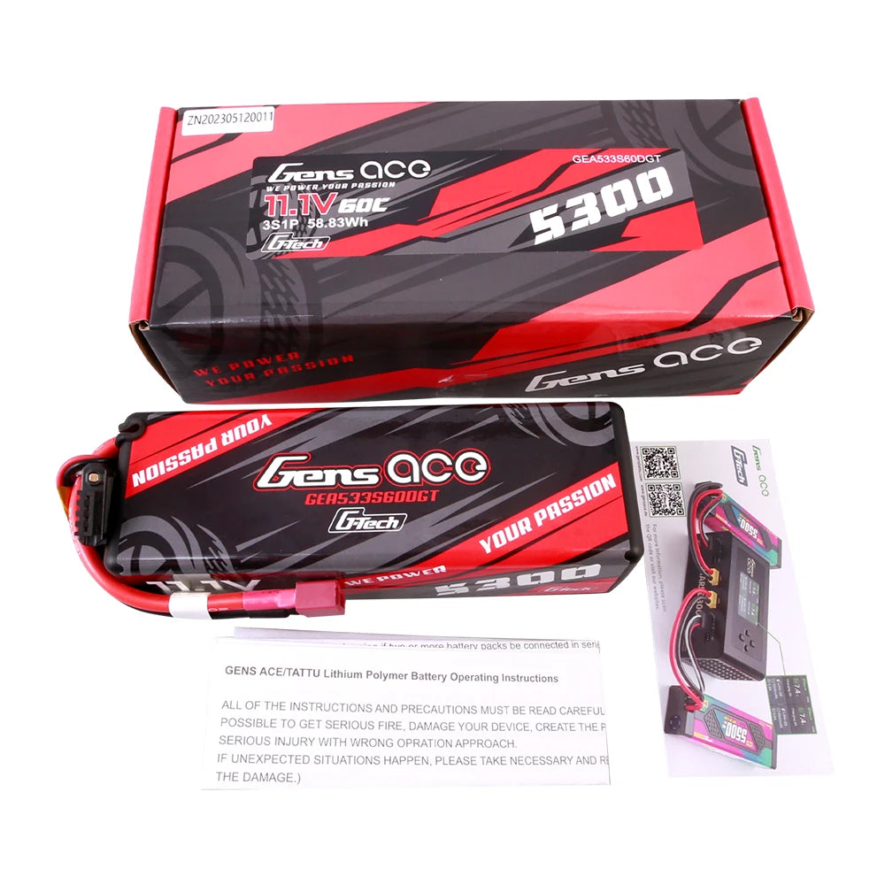 Gens ace 5300mAh 3S 60C 11.1V Lipo Battery | Hardcase | Deans Plug | Car Classic