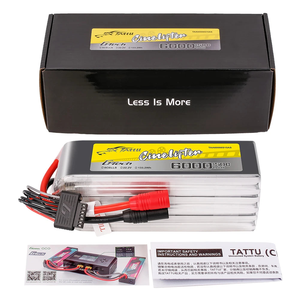 Tattu 6000mAh 6S 150C 22.2V Lipo Battery | AS150 Plug | UAV Classic (Cinelifter)