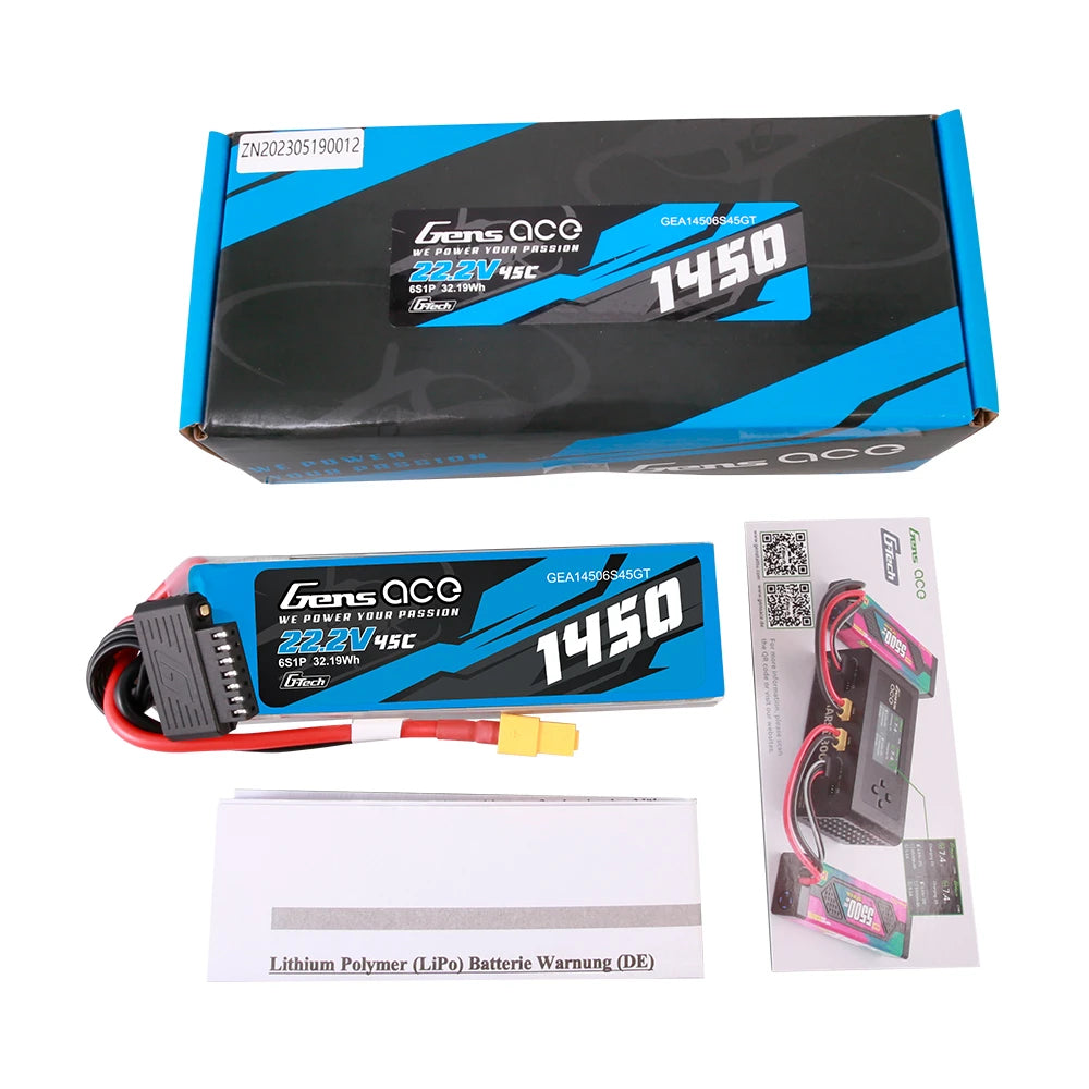 Gens ace 1450mAh 6S 45C 22.2V Lipo Battery | XT60 Plug | Air Classic