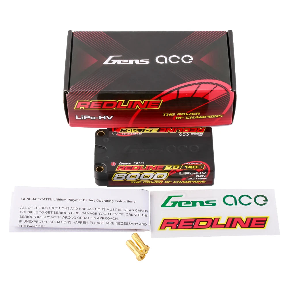 Gens ace 8000mAh 1S 140C 3.8V(HV) Shorty Lipo Battery | 5.0mm bullet | Redline 2.0
