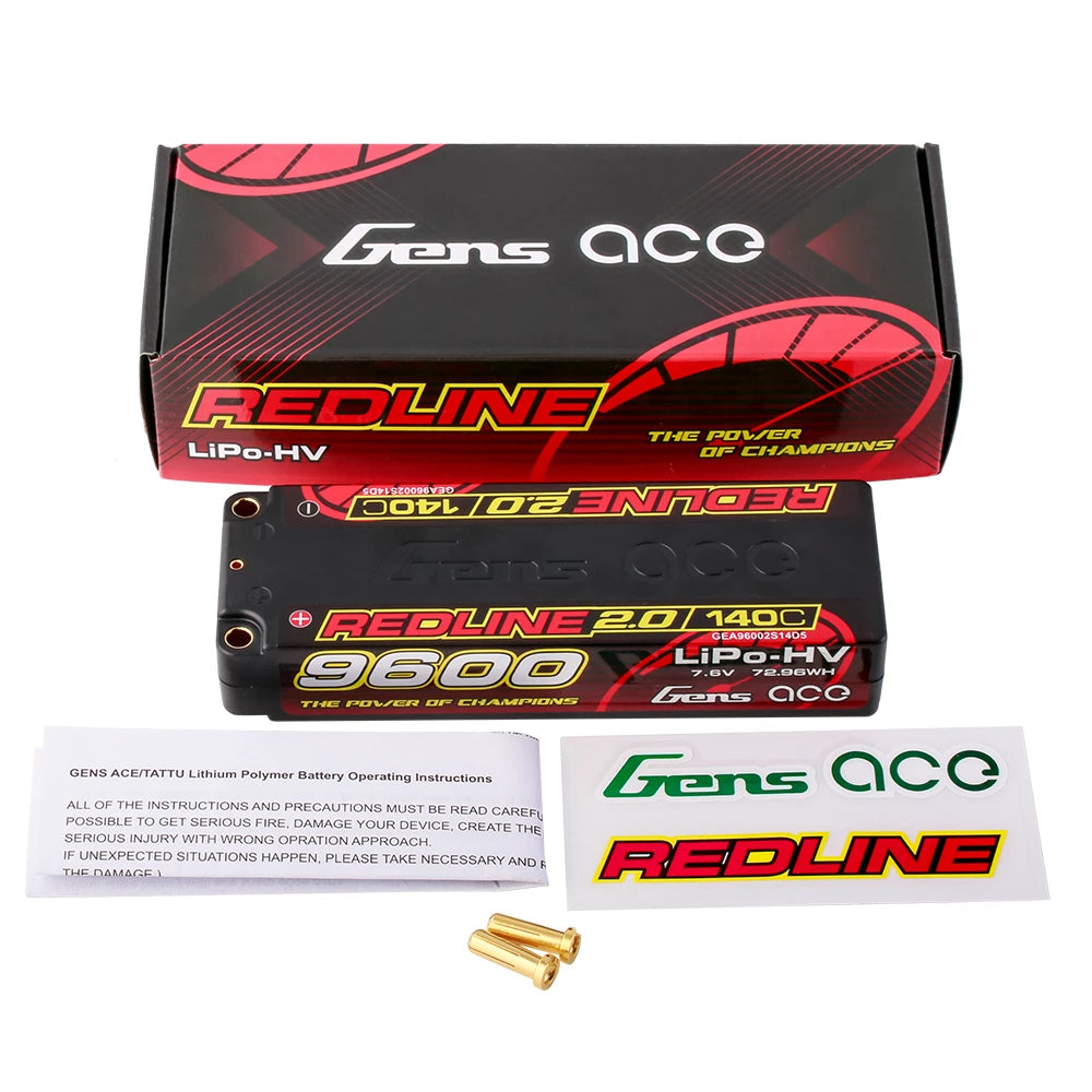 Gens ace 9600mAh 2S 140C 7.6V(HV) Lipo Battery | 5.0mm bullet | Redline 2.0