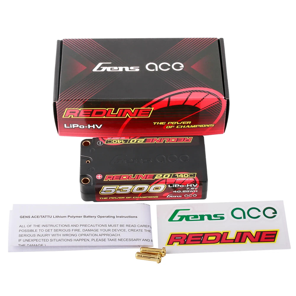 Gens ace 5300mAh 2S 140C 7.6V(HV) Shorty Lipo Battery | 5.0mm bullet | Redline 2.0