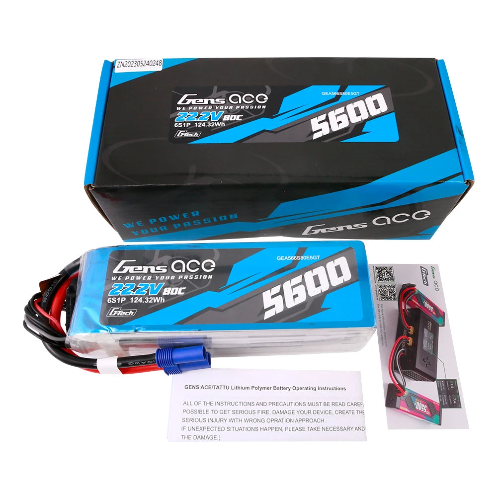 Gens ace 5600mAh 6S 80C 22.2V Lipo Battery | EC5 Plug | Air Classic