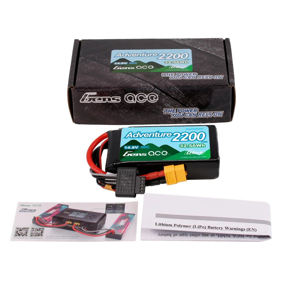 Gens ace 2200mAh 4S 60C 14.8V Lipo Battery | XT60 Plug | Adventure