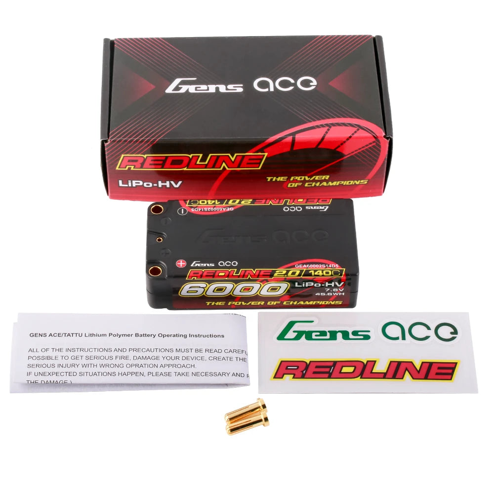 Gens ace 6000mAh 2S 140C 7.6V(HV) Shorty Lipo Battery | 5.0mm bullet | Redline 2.0