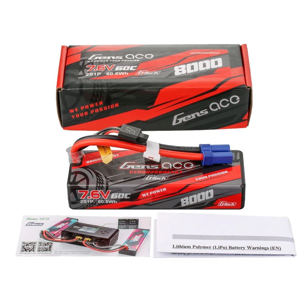Gens ace 8000mAh 2S 60C 7.6V(HV) Lipo Battery | Hardcase | EC5 Plug | Car Classic