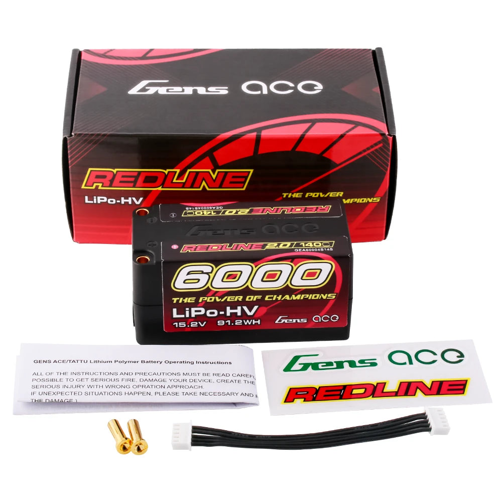 Gens ace 6000mAh 4S 140C 15.2V(HV) Shorty Lipo Battery | 5.0mm bullet | Redline 2.0