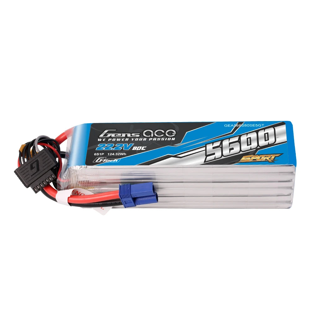 Gens ace 5600mAh 6S 80C 22.2V Lipo Battery | EC5 Plug | Sport