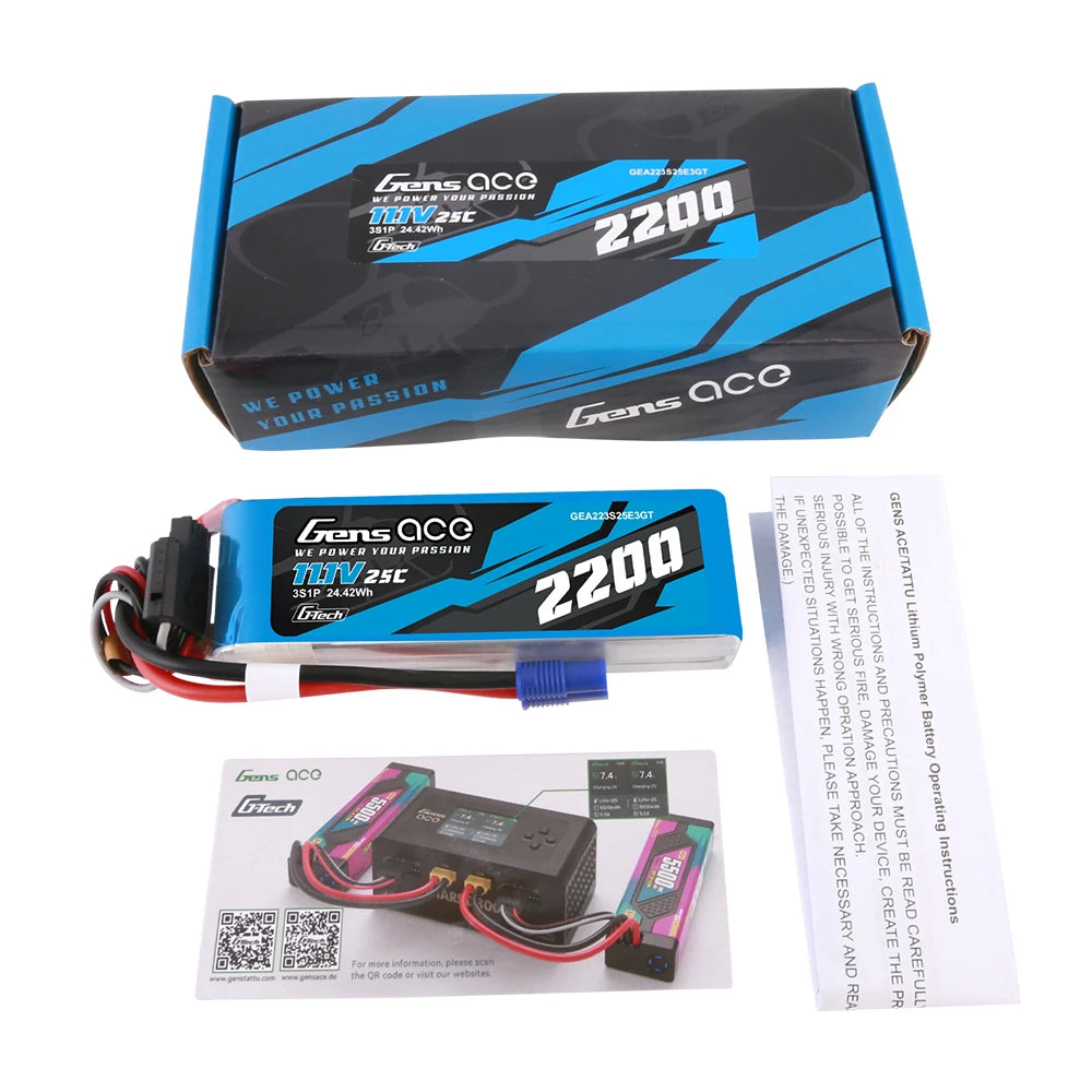 Gens ace 2200mAh 3S 25C 11.1V Lipo Battery | EC3 Plug | Air Classic