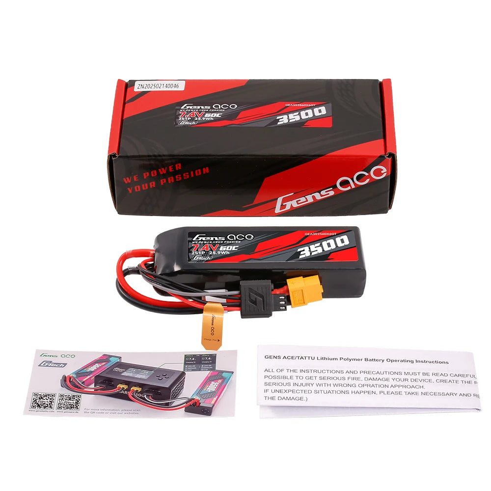 Gens ace 3500mAh 2S 60C 7.4V Lipo Battery | XT60 Plug | Car Classic