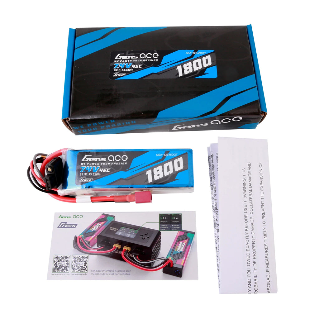 Gens ace 1800mAh 2S 45C 7.4V Lipo Battery | Deans Plug | Air Classic
