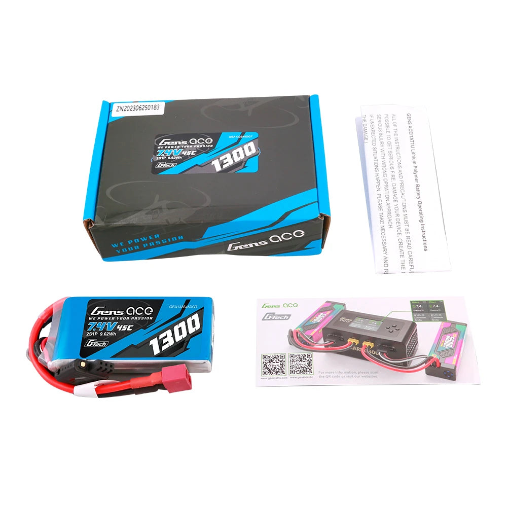 Gens ace 1300mAh 2S 45C 7.4V Lipo Battery | Deans Plug | Air Classic