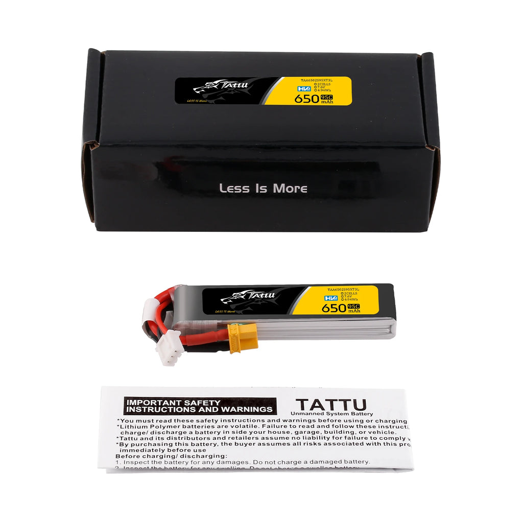 Tattu 650mAh 2S 95C 7.6V(HV) Long Lipo Battery | XT30 Plug | FPV Classic