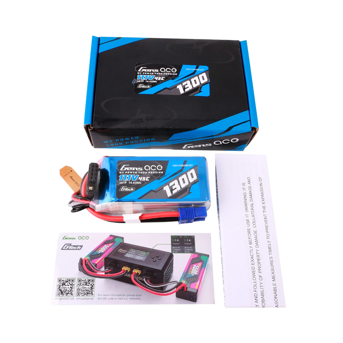 Gens ace 1300mAh 3S 45C 11.1V Lipo Battery | EC3 Plug | Air Classic