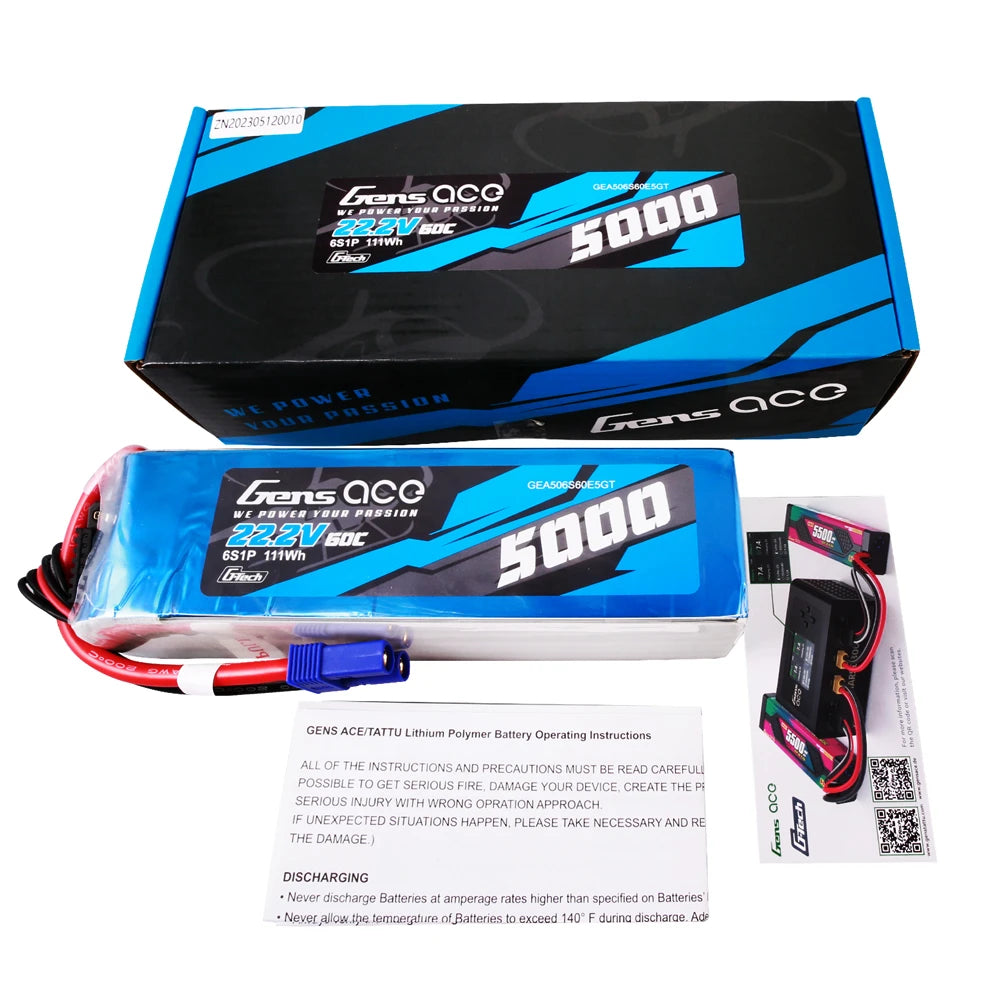 Gens ace 5000mAh 6S 60C 22.2V Lipo Battery | EC5 Plug | Air Classic