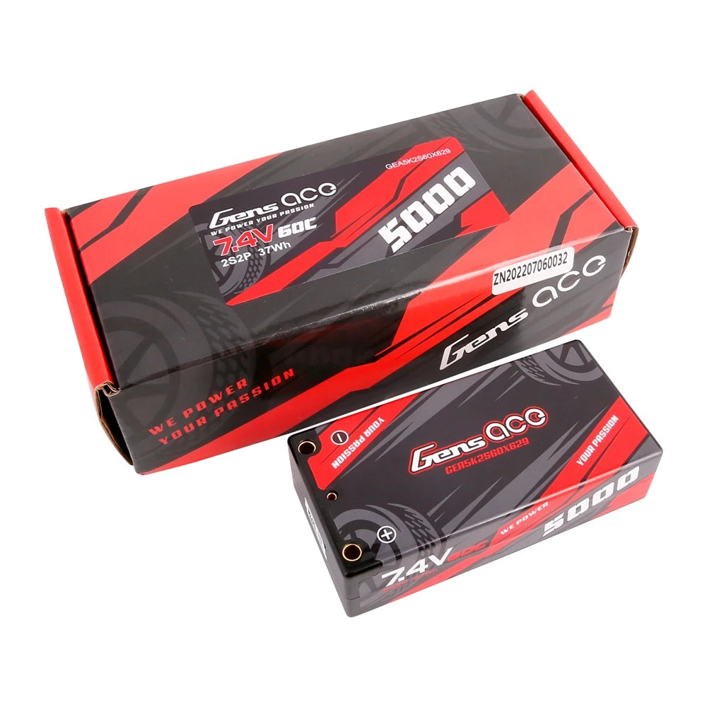 Gens ace 5000mAh 2S 60C 7.4V Lipo Battery | Hardcase | 4.0mm bullet to XT60 Plug | Car Classic