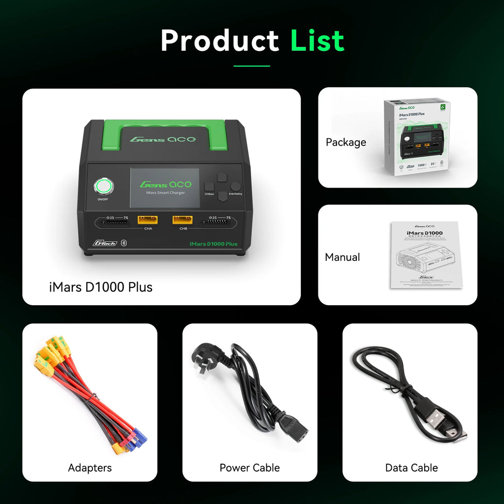Gens ace iMars D1000 Plus Smart Charger | AC 1000W | 25A | 1-7S| 2-Channel