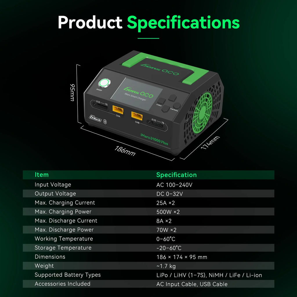 Gens ace iMars D1000 Plus Smart Charger | AC 1000W | 25A | 1-7S| 2-Channel