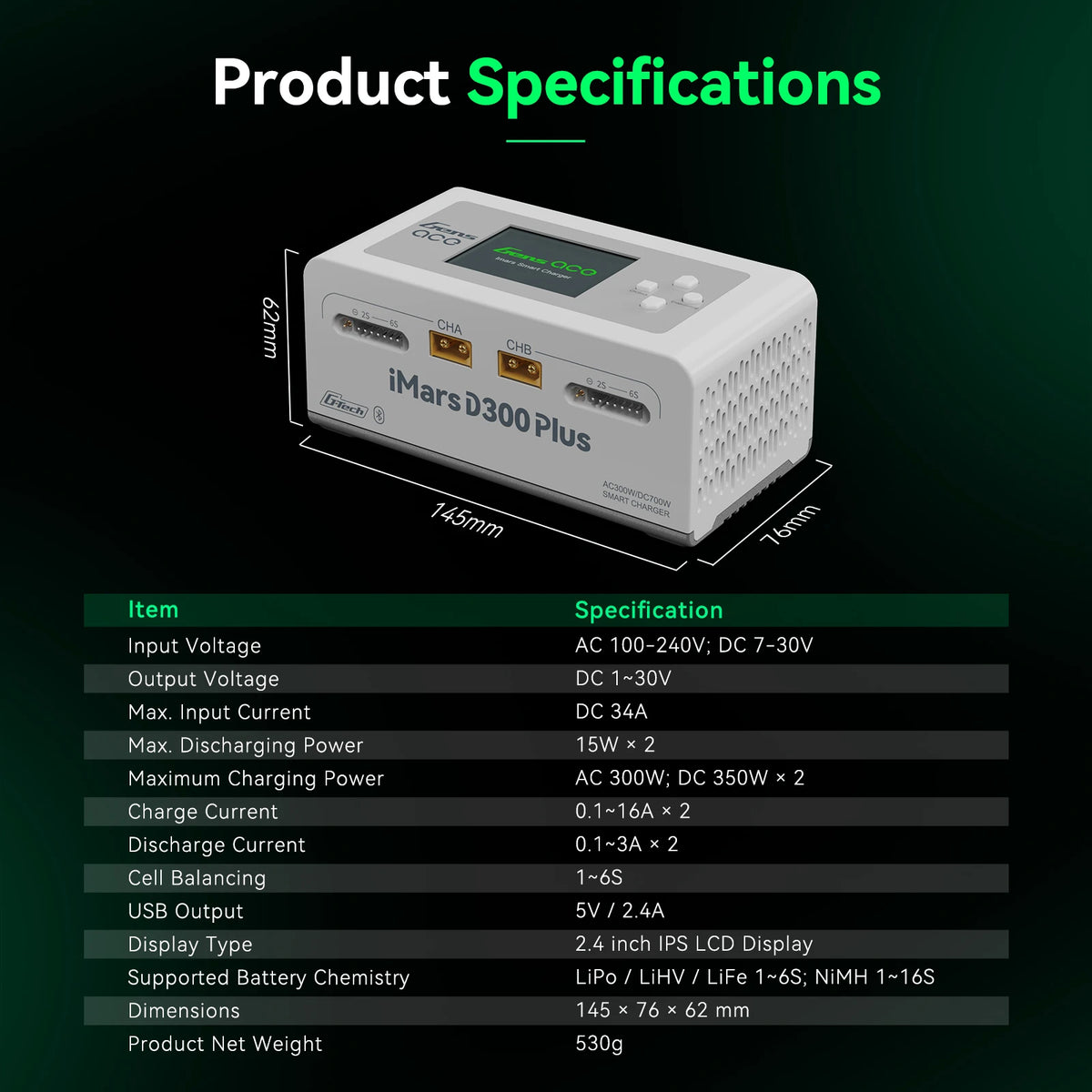 Gens ace iMars D300 Plus Smart Charger | AC 300W + DC 700W | 16A | 1-6S | 2-Channel | White