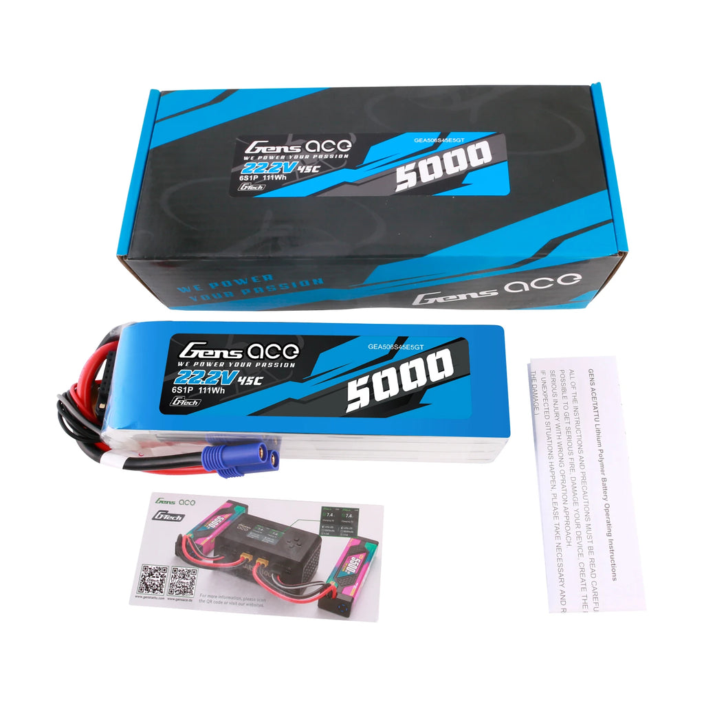 Gens ace 5000mAh 6S 45C 22.2V Lipo Battery | EC5 Plug | Air Classic