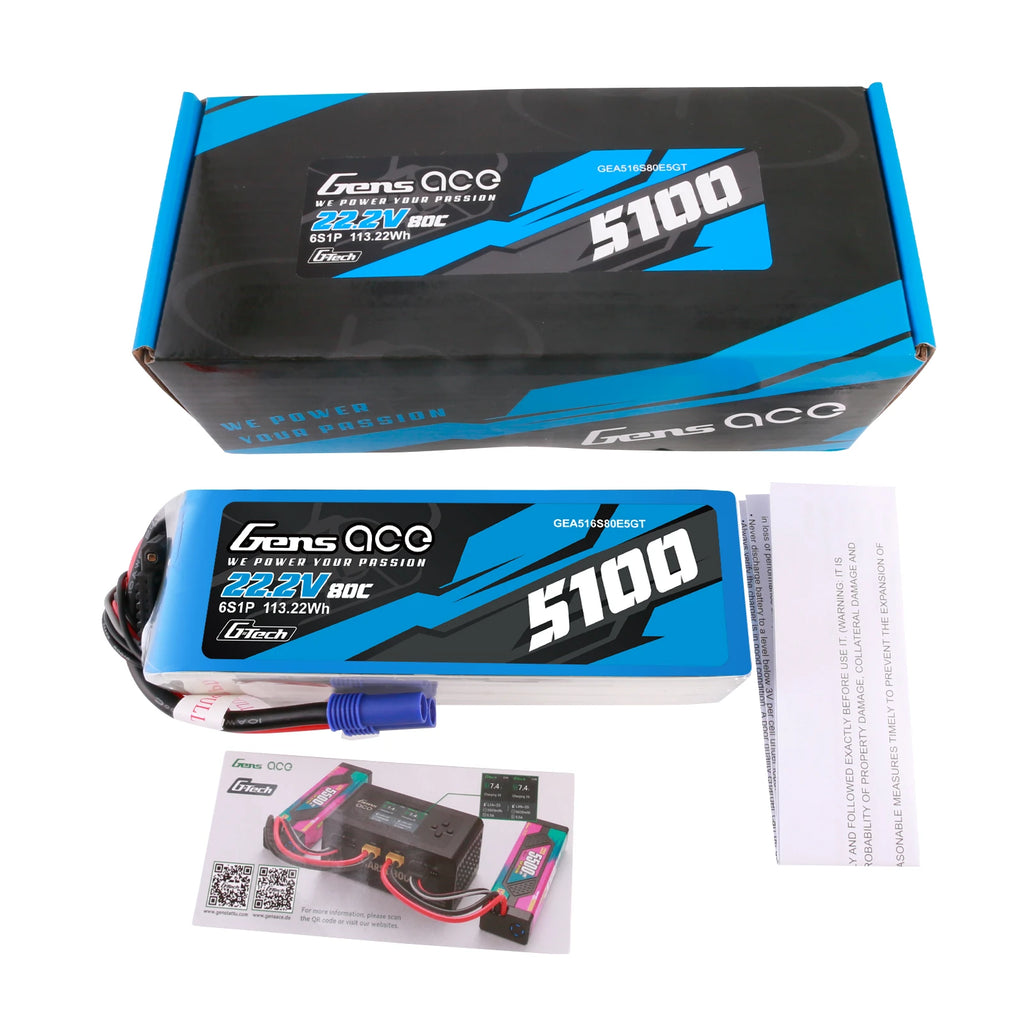 Gens ace 5100mAh 6S 80C 22.2V Lipo Battery | EC5 Plug | Air Classic