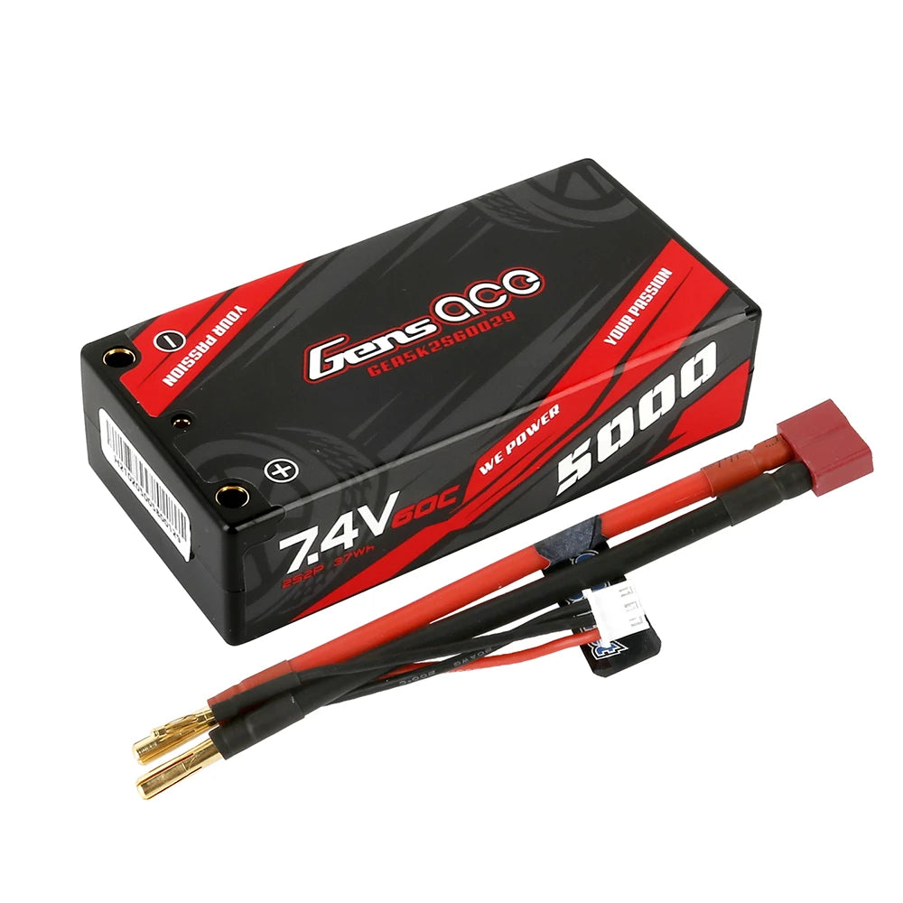 Gens ace 5000mAh 2S 60C 7.4V Shorty Lipo Battery | Hardcase | 4.0mm bullet to Deans Plug | Car Classic (Non-G-Tech)