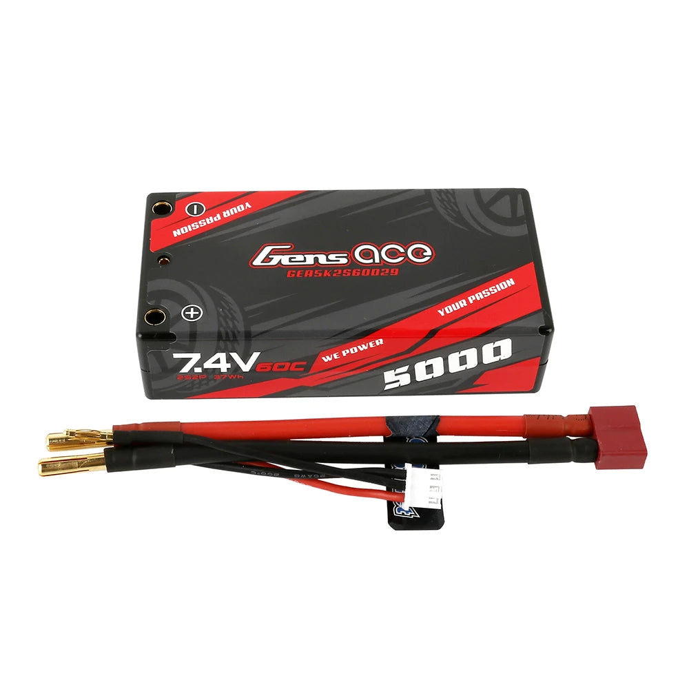 Gens ace 5000mAh 2S 60C 7.4V Shorty Lipo Battery | Hardcase | 4.0mm bullet to Deans Plug | Car Classic (Non-G-Tech)