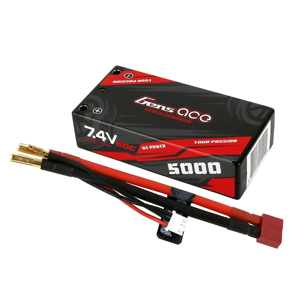 Gens ace 5000mAh 2S 60C 7.4V Shorty Lipo Battery | Hardcase | 4.0mm bullet to Deans Plug | Car Classic (Non-G-Tech)