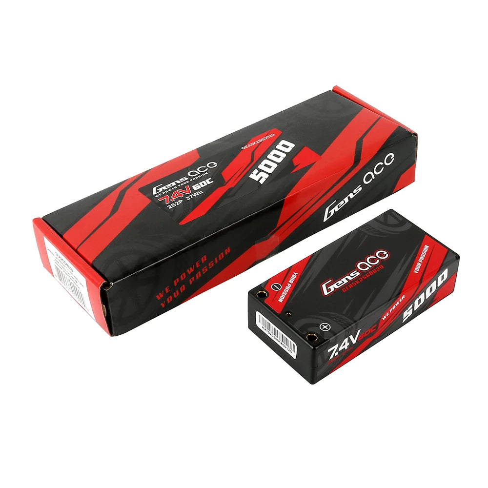 Gens ace 5000mAh 2S 60C 7.4V Shorty Lipo Battery | Hardcase | 4.0mm bullet to Deans Plug | Car Classic (Non-G-Tech)