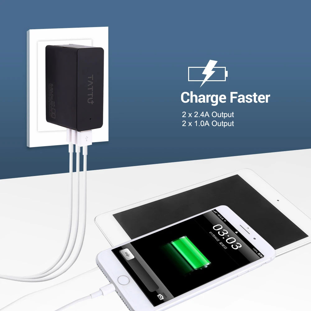 Tattu 34W 4 Ports USB AC Adapter 6.8A Wall Charger for iPhone, iPad, Samsung, Smartphones and Tablets